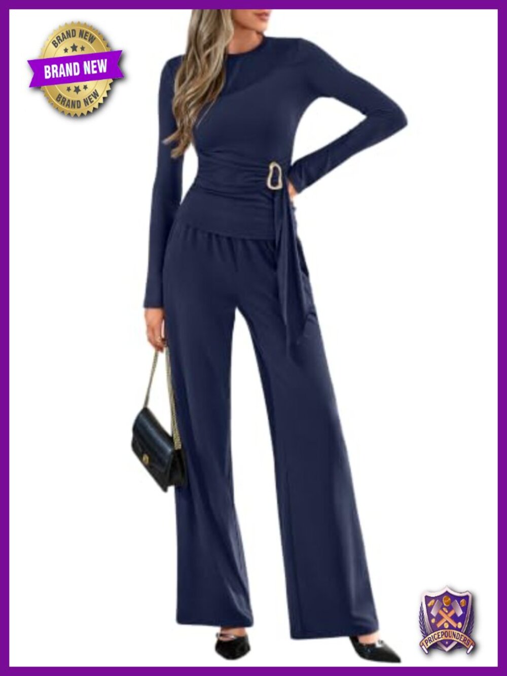 Women's 2 Piece Lounge Set Belted Tops High Waist Wide Leg Pants Knit